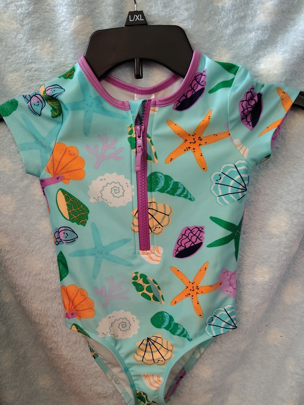 Cat & Jack Aqua One-Piece Swimsuit with Purple Zip and Multicolor Sea Print